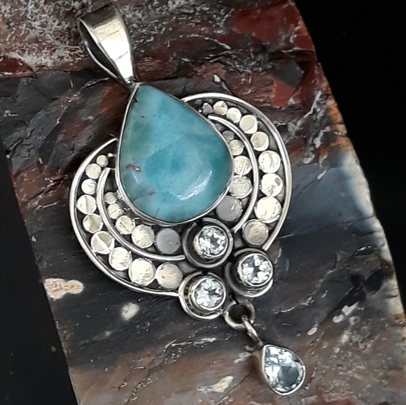 Sterling Silver Natural Larimar and Blue Quartz - Picture 5 of 10